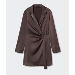 Mango Chocolate Brown Satin Wrap Shirt Dress Size Large NWT